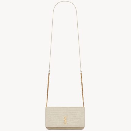 YSL Cassandre Phone Holder in Shiny Crocodile-Embossed Leather