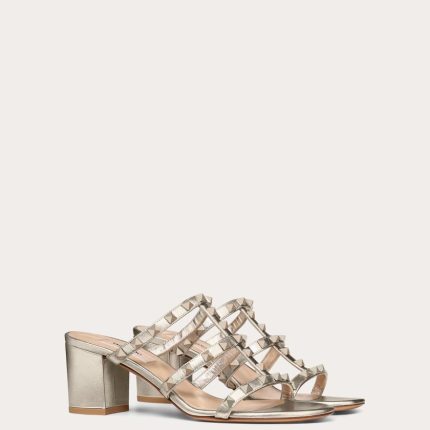 ROCKSTUD METALLIC CALFSKIN LEATHER SLIDE SANDAL 60 MM