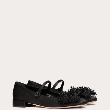 VALENTINO GARAVANI BOWJANE MARY-JANE SATIN BALLERINA WITH FRINGED EMBROIDERY 20MM