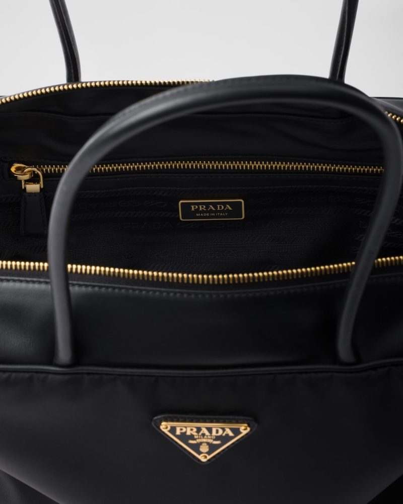 Large Re-Nylon and Leather Top-Handle Bag With Padlock - Image 3