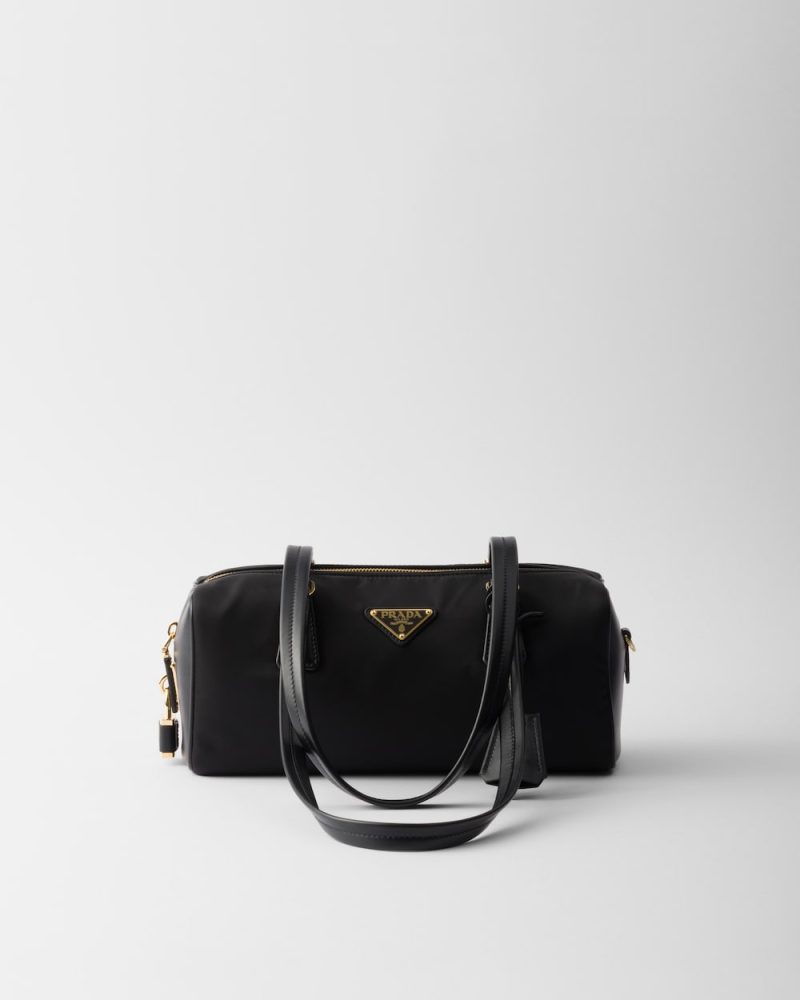 Re-Nylon and Leather Medium Top-Handle Bag With Padlock