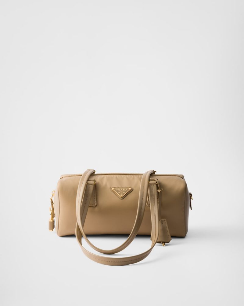 Re-Nylon and Leather Medium Top-Handle Bag With Padlock